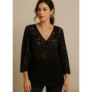 Adiva Elegant Black Lace Mesh Floral Sheer Top Gothic Romantic Evening Blouse 2X